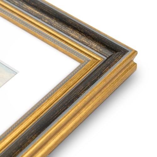 Image of Golden State Art,8.5x11 Ornate Picture Frame Holds 6x8 Photo,Black Gold | Includes plexiglass front,white mat,easel stand,build-in hangers /buttons.Display 6x8 photo.Great for home decor or as a gift