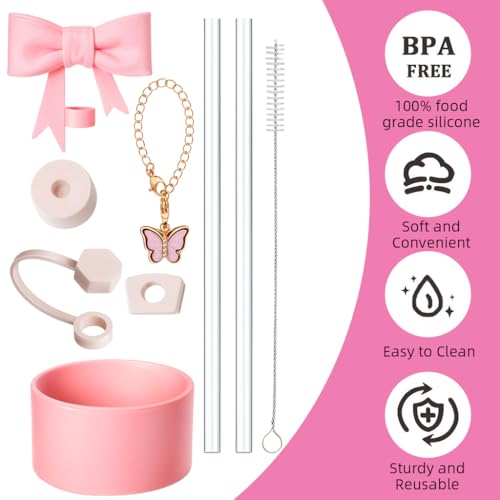 Image of HASTHIP for Stanley Cup Accessories of 9Pcs Charms Cute Bow Straw Cap, Straws, Cleaning Brush, Butterfly Handle Charm, Bottom Sleeve, Stanley Cup Decor Kit (Cup NOT Included)