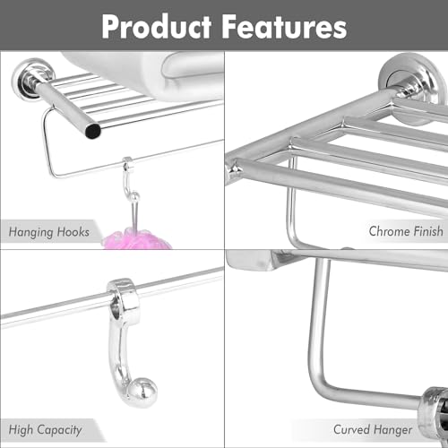 Image of Zureni Folding Towel Rack for Bathroom with Multipurpose Hooks Wall Mount Hanger Bar Shelf Accessories and Fittings Stand Home Washroom Kitchen (Pack of 1, Silver, Circular Rod)