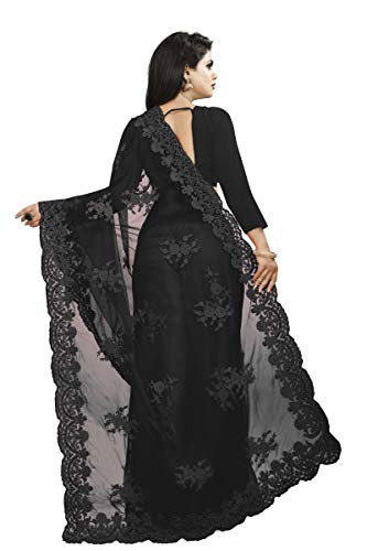 ساري عمل شبكي مطرز للنساء من باركيا كرييشن مع بلوزة غير مخيطة (اسود)