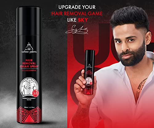 Image of UrbanGabru Casanova Hair Removal Cream Spray for Men (200 ML) | Painless Body Hair remove in Just 3-5 Min for Hands, Legs, Chest, Back & Under Arms | Natural & Safe