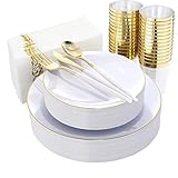 Nervure 140PCS White and Gold Plastic Plates & Disposable Gold Plastic Plates - 20 Dinner Plates, 20...