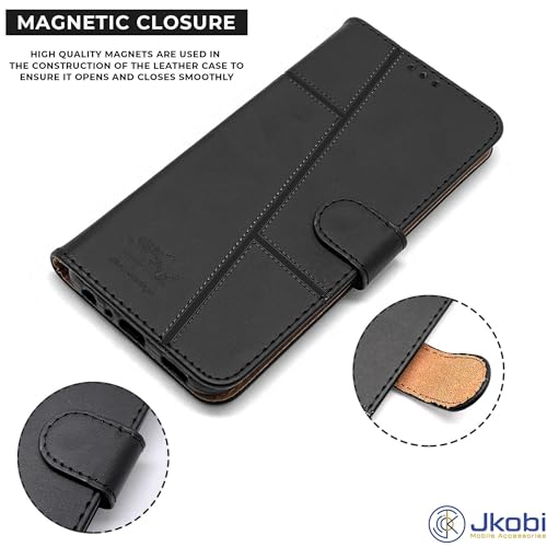 Image of Jkobi Flip Cover Case for Realme 12 Pro Plus | Realme 12 Pro (Stitched Leather with Magnetic Closure | Black)