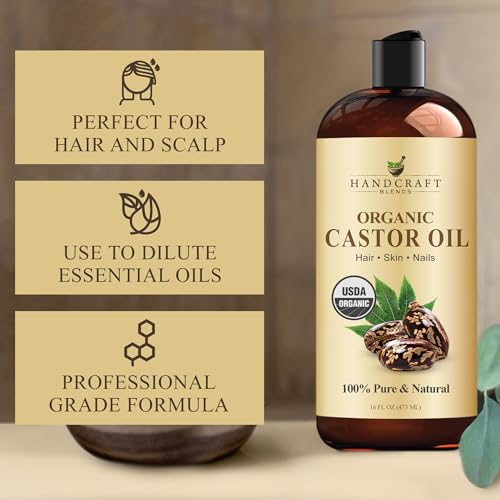 Handcraft Blends Organic Castor Oil - 16 Fl Oz - 100% Pure and Natural - Premium Grade Oil for Hair Growth, Eyelashes and Eyebrows - Carrier Oil - Hair & Body Oil - Expeller-Pressed