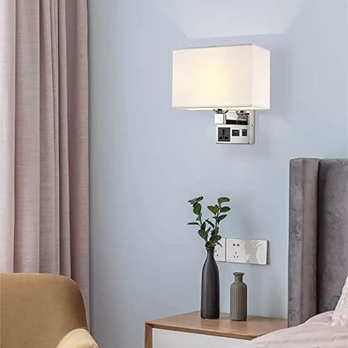 Image of Bedside Wall Mount Light with USB, LED Reading Swing Arm Fabric Shade Wall Sconce, Hardwired Wall Lamp for Bedroom, Living Room Hotel (Chrome)