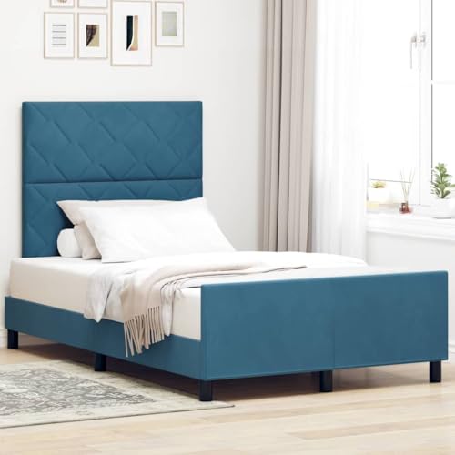 GeenYuu Cama con somier con cabecero, color azul oscuro, 120 x 200 cm, terciopelo, cabecero ajustable, marco de madera resistente, diseño moderno, muebles de dormitorio