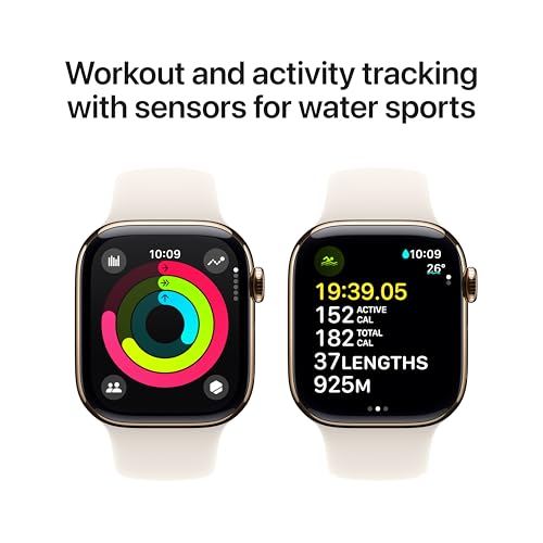 Image of Apple Watch Series 10 [GPS + Cellular 42 mm] Smartwatch with Gold Titanium Case with Starlight Sport Band- M /L. Fitness Tracker, ECG App, Always-On Retina Display, Water Resistant
