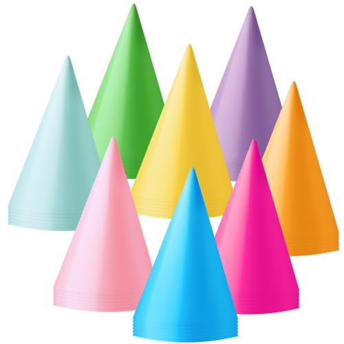 HEYTIMI 24 PCS Birthday Party Cone Hats 8 Assorted Colors Mini Paper Hats with Elastic Cordfor Kids, Adults, Colorful Headwear for Birthday Party Baby Shower Christmas Anniversaries
