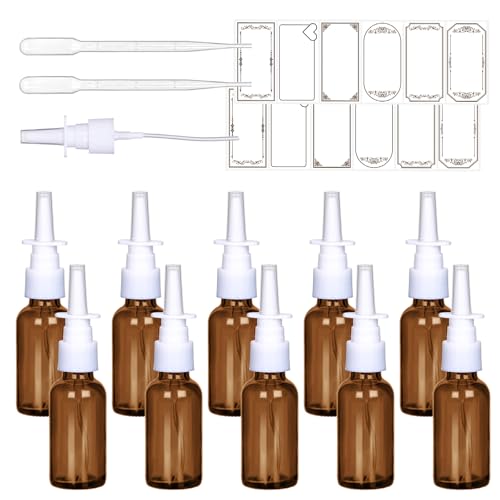 Empty 1oz Amber Nasal Spray Bottles 10Pack, Glass Fine Mist Sprayers, Leakproof Atomizers with UV...