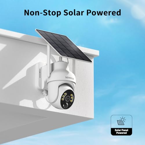 Image of SEHMUA 2K Solar Security Camera Wireless Outdoor, 1 Pack 360 View Pan /Tilt WiFi Security Camera Outside with Color Night Vision, Easy to Install, PIR Alarm, 2-Way Audio, White