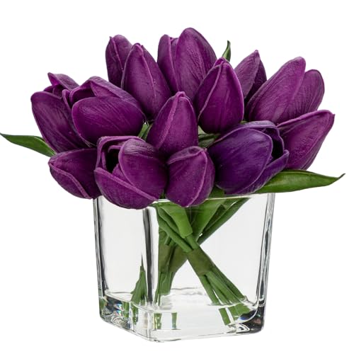 14 Tulpen Künstliche Tulpenblumen Kunstblumen Kunstblumen Echtes Gefühl, künstliche Latex-Tulpen in Glasvase Dekoration für Hochzeitsdekoration, Innen und Außen, Küche, Büro, Heimdekoration, Violett