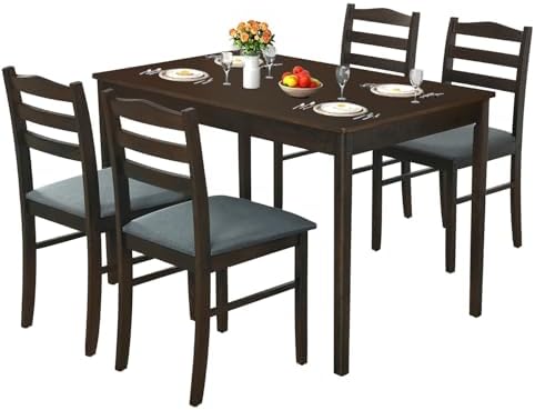 Dining Table Set for 4, 5-Piece Wood Modern Rectangular Dining Table Set for Home with 4 Upholstered Chairs, Kitchen Table and Chairs Set of 4 with Rubberwood Legs for Dining Room (Brown)