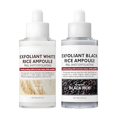 Peel Shot Black & White Rice Set for Face, Facial Exfoliator Brightening Ampoule Duo, Soft Peel for Glow Skin, Pore-Minimising & Deep Hydration Skincare Set, 2 Pack