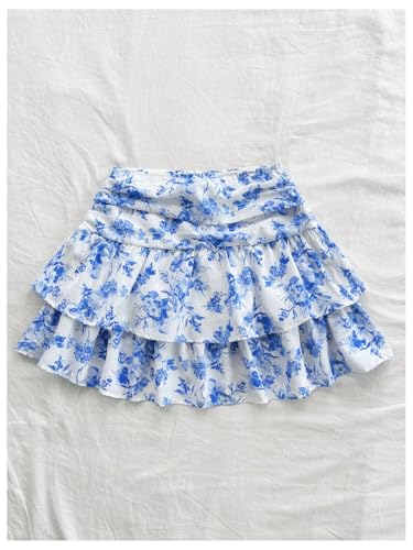 SHENHE Saia feminina com babados em camadas Y2k floral rodada Boho mini saia curta fofa, Azul e bran