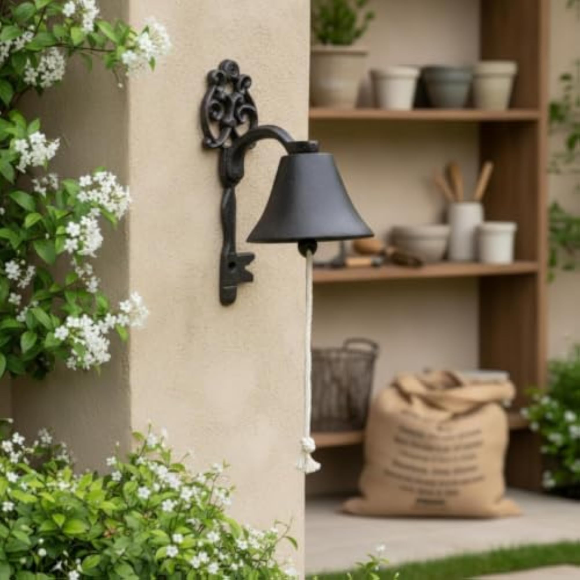 Rustic Annunciator with Pull Cord Cast Metal Wall-Attached Bell