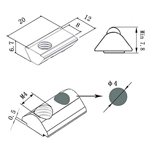 20x M4 Nutenstein 12,0 x 6,7 mm Nut 8, mit Federkugel, Stahl