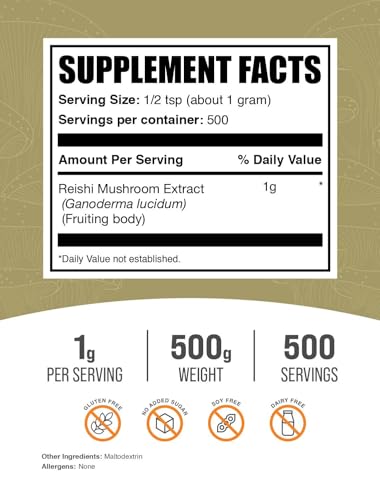 BulkSupplements.com Reishi Mushroom Extract Powder - Superfood Powder - Ganoderma Lucidum - Mushroom Immune Support - Reishi Powder - Magic Mushroom Powder (500 Grams - 1.1 lbs)