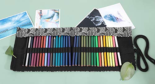 Image of Denifiter 24 Slots Colored Pencils Roll Bag, Pen Paint Brush Storage Pouch Portable for Artist, Women, Men (Black Leaf)