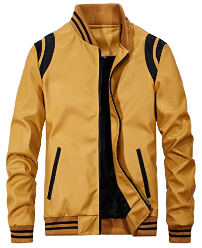 Image of chouyatou Men's Casual Color-Block Patches Full Zip Fleece Lined Pu Leather Varsity Bomber Jacket