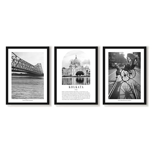 Image of PAINTINGMANTRA Wall Art for Home A3 Kolkata Wall Art Prints Pack of 3 Framed Wall Decor Featuring Heritage Landmarks, Architectural Photography Wall Art for Living Room, Bedroom, Office (32x44 cm)