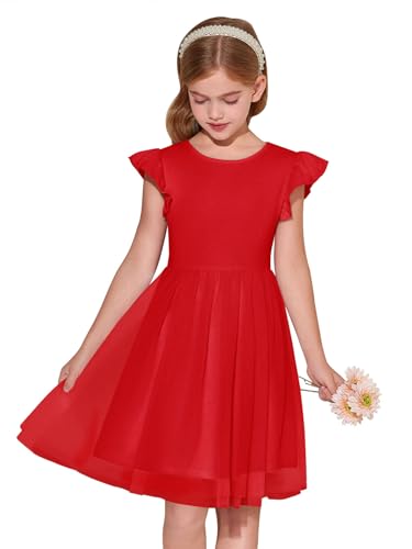 Haloumoning Mädchen Kleider Rüschenärmel Rundhals Einfarbig Sommerkleid A-Linie Prinzessin Tüll Kleid Festlich Geburtstag Hochzeit Party Freizeitkleid, Rot, 7-8 Jahre