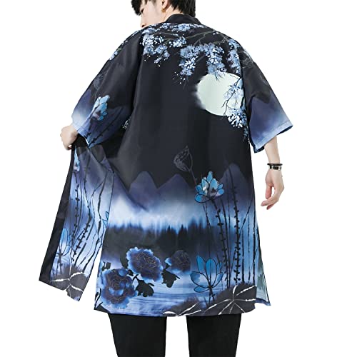 Image of Seidarise Men's Haori, Long Kimono Cardigan Jacket Japanese Style Flying Crane Seven Sleeves Open Front Coat
