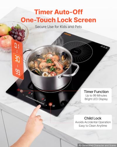 Image of VEVOR Induction Cooktop 12In 2 Burners, Built-in&Countertop Electric Stove, LED Touch & Integrated Control, 9 Power Levels, Easy-Clean Ceramic Glass, Child Lock, 1800W 110V No Plug
