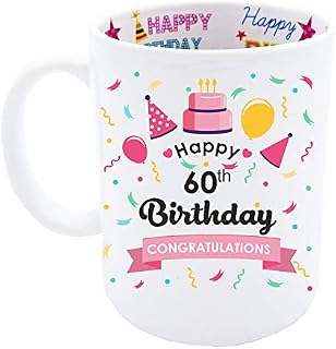 Mainly Mugs 60th Birthday Gift Keepsake for Women Pink Happy Birthday Design also with Print Inside Coffee Mug