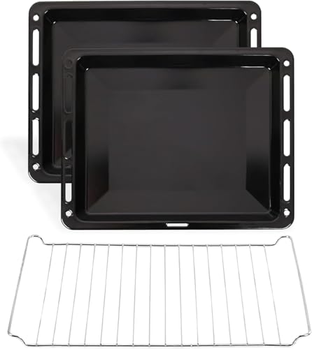 ICQN Set Plaques de Four 46 × 37 × 3 cm – Lot de 2 + Grille, Compatibles avec Beko, Bosch, Grundig & Samsung, Plaques Émaillées 30 mm + Grille de Cuisson