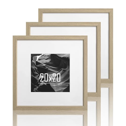 VUVUZULA Marcos de fotos 20x20 cm, juego de 3, madera, marcos cuadrados de roble, marcos para fotos MDF con paspartú 12x12 cm, natural