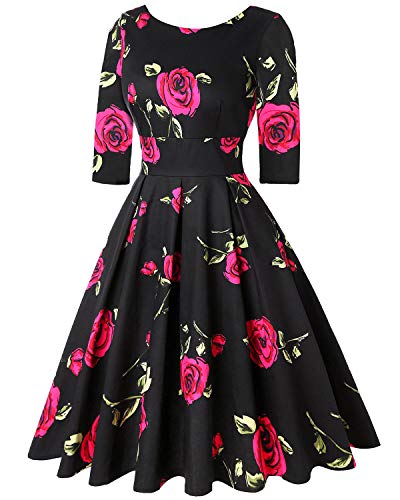 Mintlimit Elegant Womens New 50S Summer Dress Rockabilly Rose 3/4 Sleeve Vintage Dress Retro Cocktail Dress Floral Rose Black And Red,Size L #TOP1