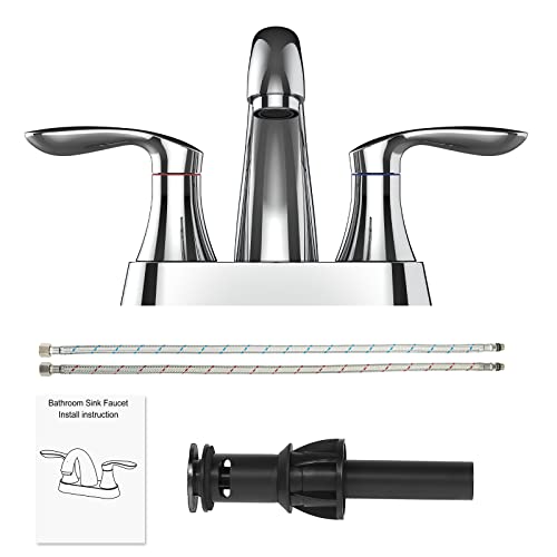 Bathroom Faucet, 4 Inch Bathroom Faucets for Sink 3 Hole, Centerset Bathroom Sink Faucet with Pop Up Drain and cUPC Lead-Free Hose(Chrome)