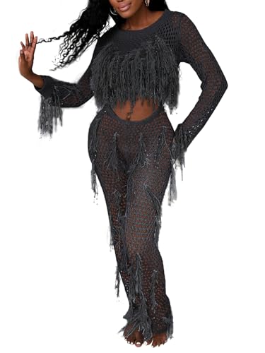 KANSOON Crochet Sets Two Piece Women Cover Up Swim Suits Sexy Tassel Hollow Out Beach Long Sleeve Crop Top Pants Outfit