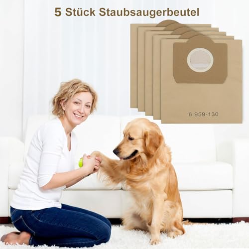 Fishoney 5 Stück WD3 Staubsaugerbeutel für Kärcher 6.959-130.0, Papier filterbeutel für WD3 1629 MV3 A2201/2204/2504/2554/2251/2604 Staubsauger Papierbeutel Kärcher WD3 Beutel