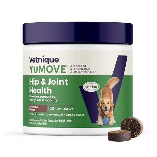 YuMOVE Adult Dog Hip & Joint Soft Chews, ActivEase Green Lipped Mussel, Glucosamine for Dogs, Hyaluronic Acid & Omega 3 - Barbecue Flavor (150ct Chews, Regular Strength)