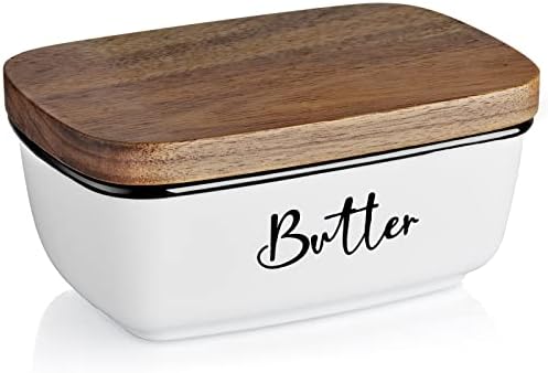 Farmhouse Butter Dish, ALELION Large Ceramic Butter Dish with Lid for Countertop, Vintage Butter Keeper with Thick Acacia Wood Lid, Farmhouse Kitchen Decor and Accessories for Kitchen Gifts, White