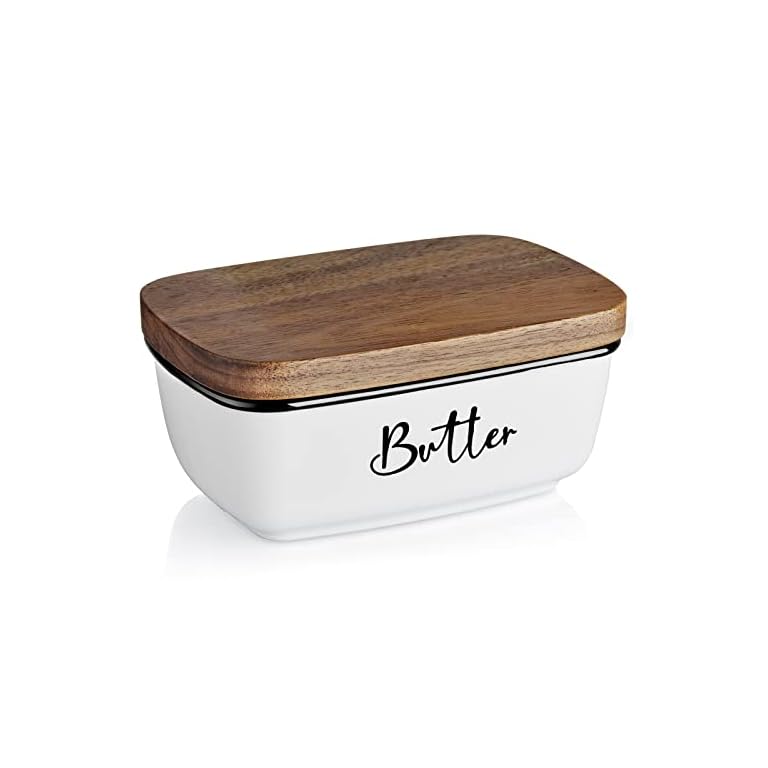 Farmhouse Butter Dish, ALELION Large Ceramic Butter Dish with Lid for Countertop, Vintage Butter Keeper with Wooden Lid, for Home Kitchen Decor, Butter Container Holds Two Sticks of Butter, White