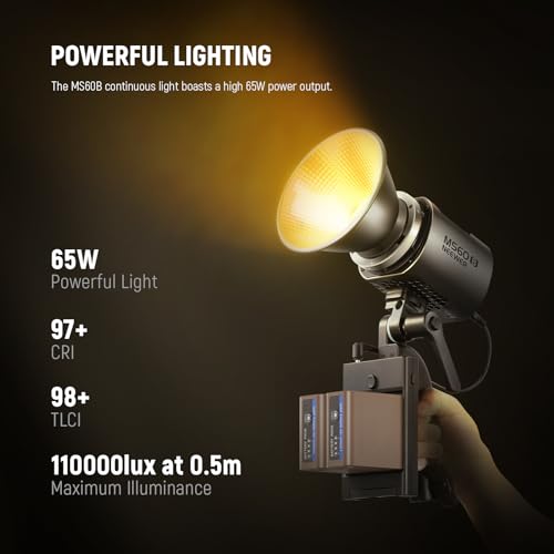 Image of NEEWER MS60B 65W COB LED Video Light with Battery Kit, 2.4G /APP Control, 2 x 7800mAh NP-F970 Battery, Fast Charge, 2700K-6500K, PWM Dimming, 40000lux /1m, CRI97+ /TLCI98+, 12 Scenes,