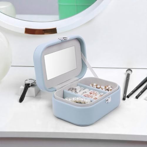 Image of BucketList PU Leather Jewellery Organizer Box with Mirror | Travel-Friendly Jewelry Storage Case with Ring Slots & Secure Lock (Travel Jewellery Box with Mirror (Blue))