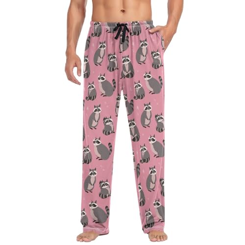 Vdsrup Men's Pajama Pants Cute Raccoon Pink Pajama Pants for Men PJs Bottoms Drawstring Pockets Sleep Lounge Pants S3