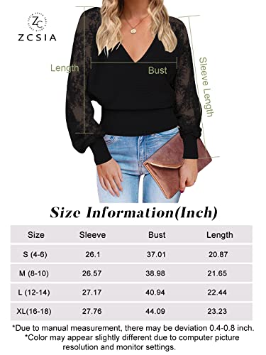 Zcsia Women's Long Sleeve V Neck Lace Patchwork Solid Color Ribbed Knit Pullover Sweater Tops,Solidblack,Small #TOP5