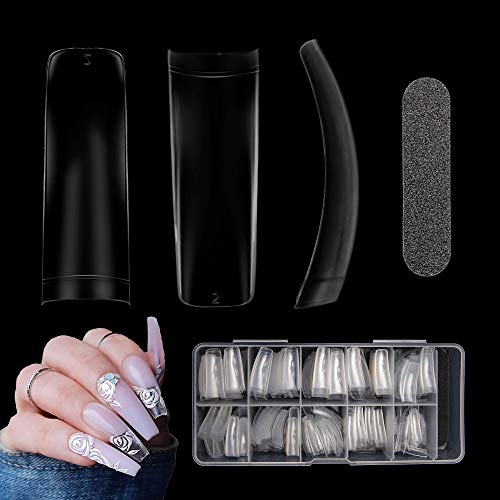 DIKO Acrylic Nail Tips French Nail Tips 500pcs Nail Extension Tips Clear Fake Nails False Nails Coffin Nail Tips Half Cover 1PC Nail File with Case for DIY Nail Art Nail Salon Equipment, 10 Sizes
