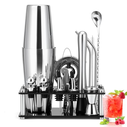 Cinnani 750ML Boston Juego de Coctelera con Soporte,15 Piezas Juego de Coctéles de Acero Inoxidable,Set Cocteleria Profesional,Bartender Set de Cóctel de Acero Inoxidable，Kit Cocktail de Barman