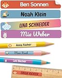 melu kids® Namensaufkleber Kinder für Schule & Kita (75 Stück) - Personalisierte Aufkleber mit Namen für Stifte und alle Schulsachen - Wasserfest in Spülmaschine (Bunter Mix)