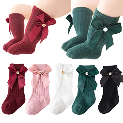 Image of BEHELE Baby Girls Knee High Socks Toddlers Newborn Infant Bow Princess Dress Dance Knit Socks Tube Ruffled Uniform Stockings