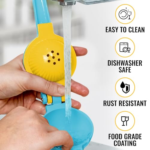 Image of Zulay Metal 2-In-1 Lemon Squeezer Manual - Sturdy, Max Extraction Hand Juicer Lemon Squeezer Gets Every Last Drop - Easy to Clean Manual Citrus Juicer - Easy-to-Use Lemon Juicer Squeezer - Blue /Yellow