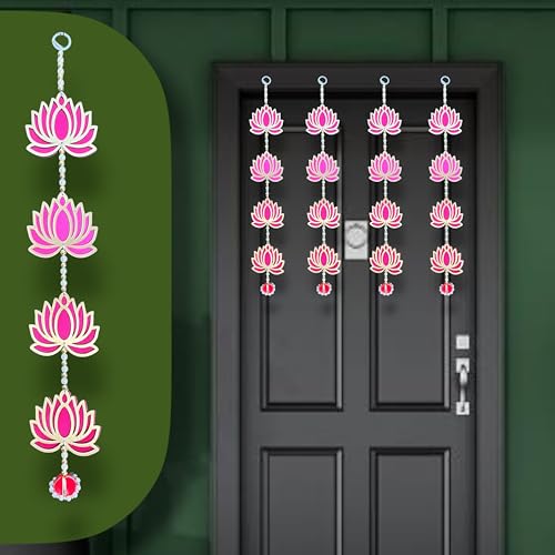 Image of Rajasthan Kraft Pink Lotus Long Hanging Decoration with Red Moti Topi | Pack of 4 (21 x 3 Inch) | Elegant Wall & Door Decor for Diwali, Navratri & Pooja(RK-36501-4).