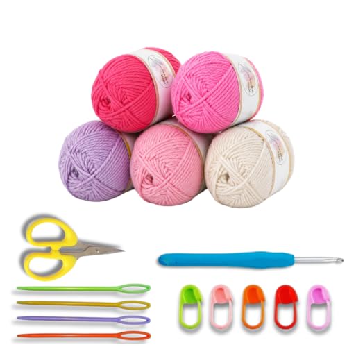 Zenaura Magic Crochet Set for Beginners, All-in-One Crochet Kit with Premium Wool Yarn for Kids 6-12 & Adults with Easy Instructions, DIY Starter Knitting Crochet Yarn Set (Blush)