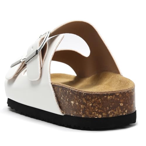 Image of Genuine Leather Cork Footbed Sandals with Arch Support Women Men's Flat Slip Slippers with Adjustable Double Buckle Beach Sandal Memory Foam Slides Open Toe Slipper for Summer Vacation