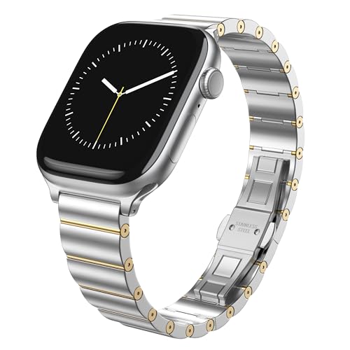 LULULOOK Compatible with Apple Watch Bands for Women 42mm 41mm 40mm 38mm, Metal Stainless Steel iWatch Strap for Apple Watch Series 11/10-1/SE Series, Silvergold